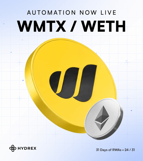 A promotional graphic announces 'AUTOMATION NOW LIVE WMTX / WETH' featuring a large 3D yellow coin with a black 'W' logo and a smaller silver Ethereum coin, branded by Hydrex as part of their '31 Days of RWAs' series.