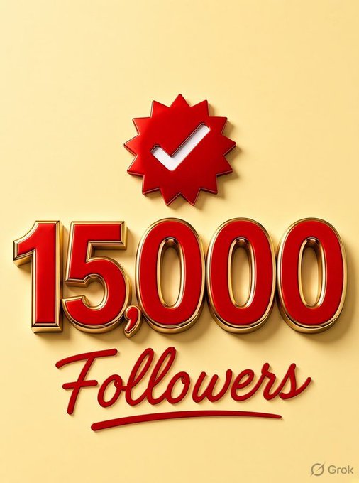 A celebratory graphic displays '15,000 Followers' in bold red 3D lettering with gold trim, topped by a red starburst badge containing a checkmark, with a 'Grok' watermark in the corner.