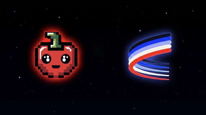 Pixel art red cherry character with a face and green leaf alongside a red, white, and blue striped emblem on a starry background.