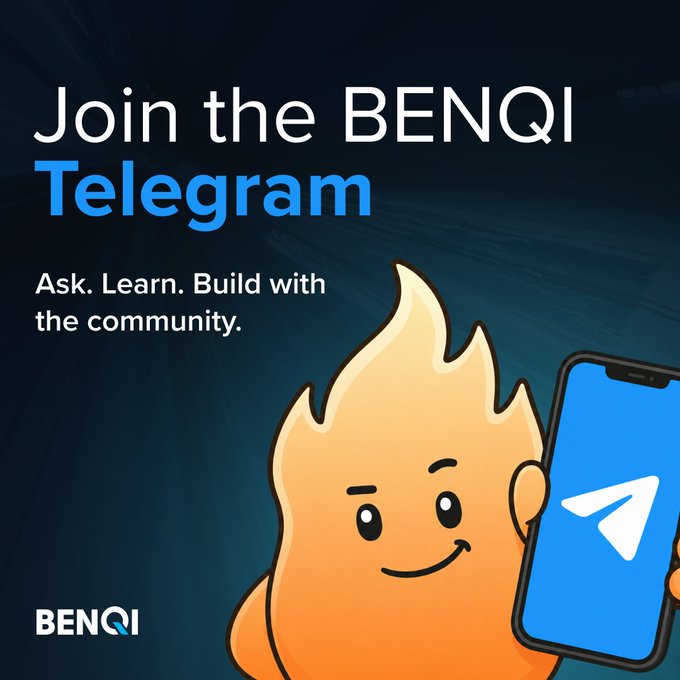 A promotional graphic reading 'Join the BENQI Telegram - Ask. Learn. Build with the community.' featuring a flame mascot holding a phone with the Telegram logo.