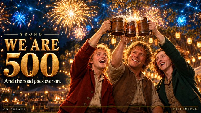 A celebratory graphic for '$ROND' cryptocurrency marking 'WE ARE 500' with the tagline 'And the road goes ever on,' depicting three people toasting with beers against a fireworks background, labeled 'ON SOLANA' and '@ELRONDFUN'.
