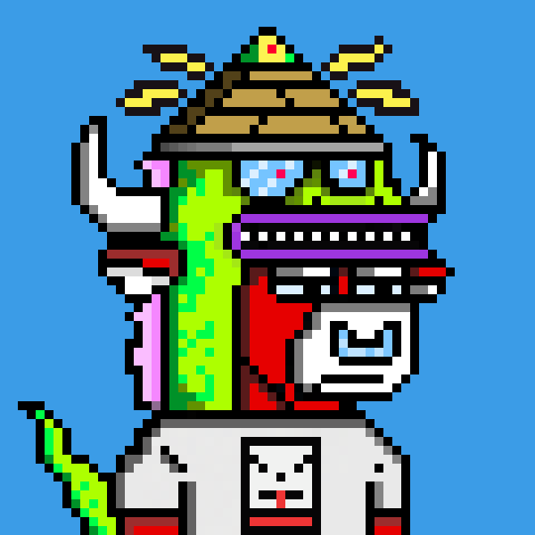 A colorful pixel art creature with horns, green slime, purple accents, and a white lab coat-like body against a blue background.