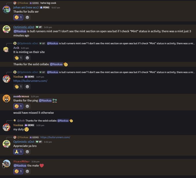 A Discord chat screenshot where users including @Naskaa, Optimistic oDot, Anik, ausdemaus, and MoexMiller thank each other for collaborating on 'bull runners mint' and exchange links and feedback.