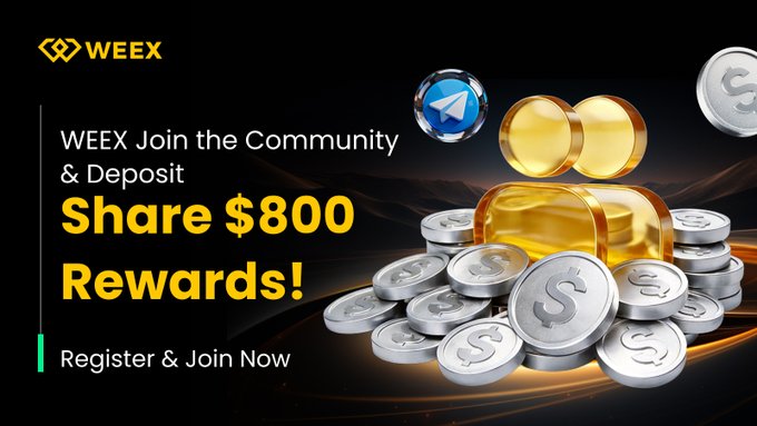 A WEEX promotional banner featuring a pile of silver and gold coins with dollar signs, advertising "$800 Rewards" for joining the WEEX community and completing a deposit, with a "Register & Join Now" call-to-action. The bold yellow "$800 Rewards!" text and coin imagery visually emphasize the cash prize offer mentioned in the accompanying participation instructions.