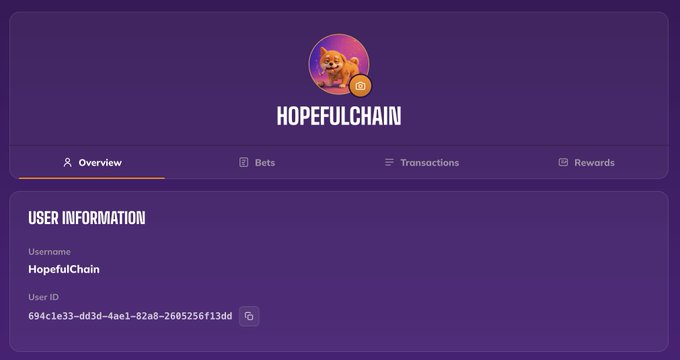 This is the user profile page for "HOPEFULCHAIN" on a platform that offers bets, transactions, and rewards. The image relates to the post by showing the username "HopefulChain" as requested by the user in the post.