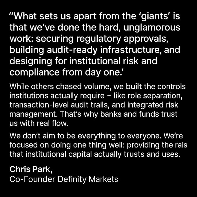The image shows a black background with white text. The text appears to be a quote from Chris Park about the importance of compliance-first, infrastructure-heavy, institution-ready systems for financial institutions. The quote emphasizes the need for real capital rather than noise or shortcuts in the financial industry.