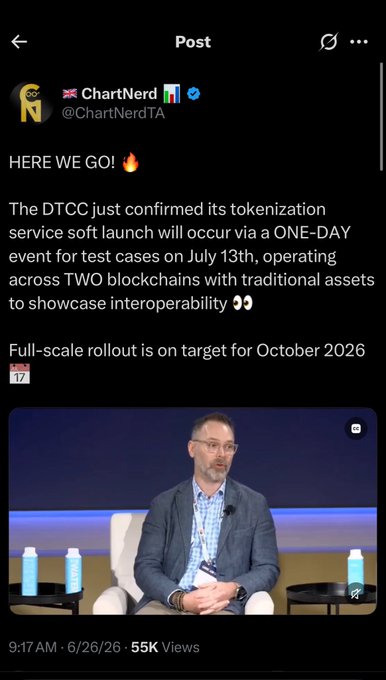 The image shows a screenshot of an X post from user @ChartNerdTA with 55K views, announcing that "The DTCC just confirmed its tokenization service soft launch will occur via a ONE-DAY event for test cases on July 13th, operating across TWO blockchains with traditional assets to showcase interoperability," with a full-scale rollout targeted for October 2026. Below the text is a photo of a bearded man in a blue blazer and checkered shirt sitting on a stage panel between two bottles of beverages, likely from a DTCC-related conference. The post ties into the accompanying caption by highlighting July 13th as the DTCC's tokenization test date—coinciding with the XRP community's "Victory Day."