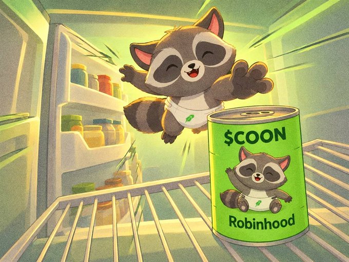 A cartoon illustration of a happy raccoon character wearing a diaper, reaching out from a refrigerator toward a green can labeled '$COON Robinhood' featuring the same raccoon mascot.