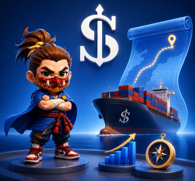 A 3D-style digital illustration featuring a chibi warrior character with a red mask next to a cargo ship, a map, a dollar sign '$', a rising bar chart, and a compass, suggesting a logistics or shipping business concept.