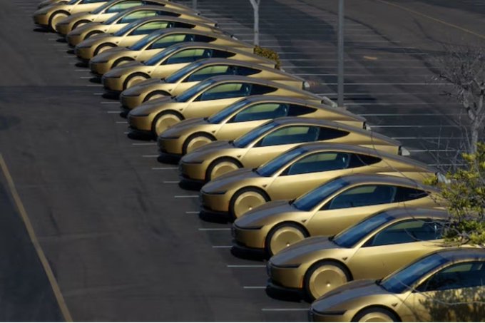 A fleet of identical gold-colored cars is parked in a neat, diagonal row in an outdoor parking lot.