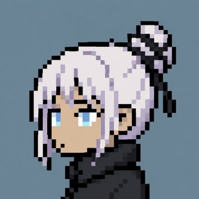 A pixel art illustration shows a character with white hair in a bun and blue eyes wearing a dark hooded garment.