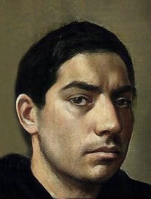 A close-up portrait painting of a young man with dark hair and thick eyebrows, rendered in a classical realist style against a muted olive background, depicting Frogman (Andrew Tate) in a contemplative, stoic pose that visually reinforces the serious accusations of tax evasion being discussed in the post.