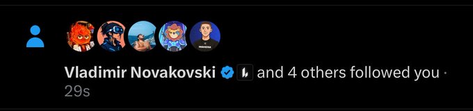 A Twitter notification indicating that 'Vladimir Novakovski' and 4 others followed the user 29 seconds ago.