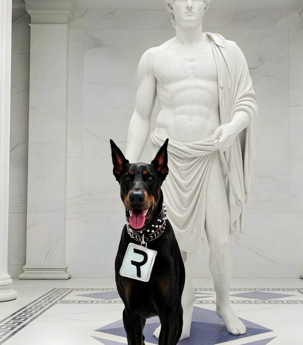 A Doberman Pinscher wearing a spiked collar with a silver 'P' tag stands in front of a classical white marble statue in a marble-tiled hall.