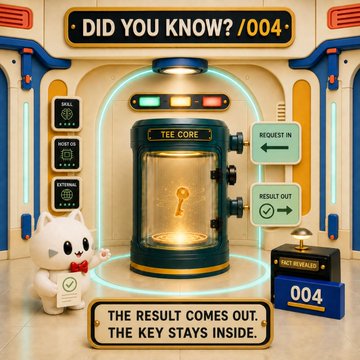 The image is a stylized "Did You Know? #004" infographic featuring a glowing teal "TEE Core" chamber with a golden key inside, flanked by a cartoon cat mascot, with text reading "Request In," "Result Out," "The Result Comes Out. The Key Stays Inside." and a "Wait Untethered" placard marked "004." The illustration visually reinforces the post's message about Purr-Fect Claw's hardware-isolated TEE: requests enter and signed results exit, while the private key remains securely locked inside, never exposed to the skill code or OS.