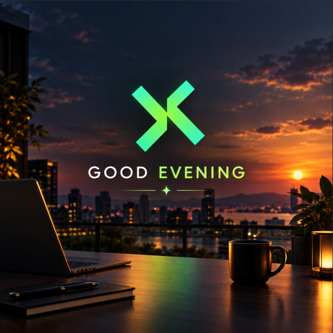 A digital graphic with 'GOOD EVENING' text and a stylized 'K' logo over a sunset cityscape, featuring a laptop, coffee mug, and notebook on a desk in the foreground.