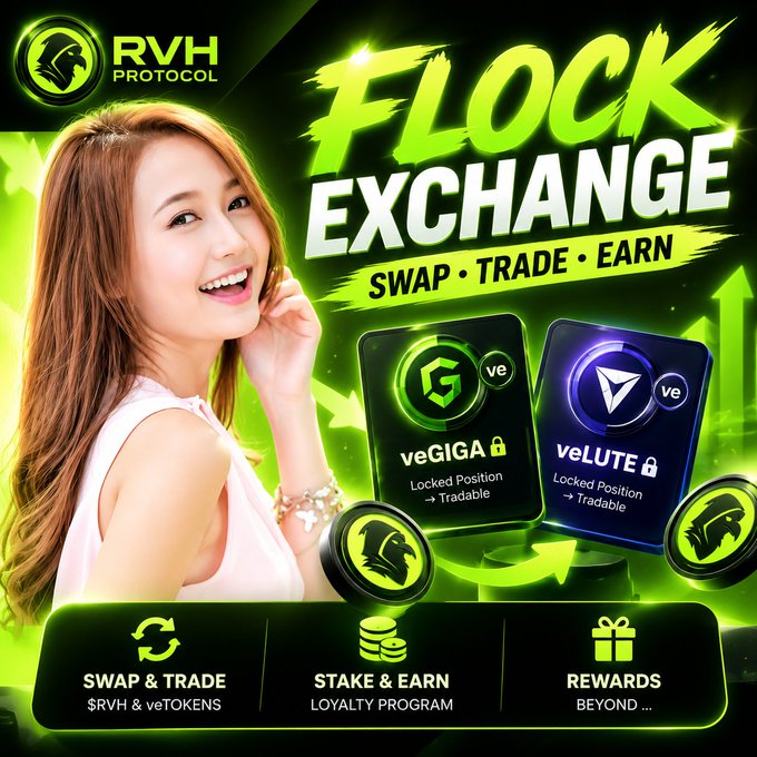 A promotional graphic for 'RVH PROTOCOL FLOCK EXCHANGE' with the tagline 'SWAP • TRADE • EARN', featuring a smiling woman alongside digital tokens 'veGIGA' and 'veLUTE', and icons for 'SWAP & TRADE', 'STAKE & EARN', and 'REWARDS'.