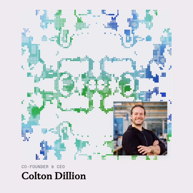The image features a man with his arms crossed, smiling at the camera. The background of the photo has an abstract pattern composed of small squares in various colors such as blue, green, and white. The text "Colton Dillard" is visible on the image.