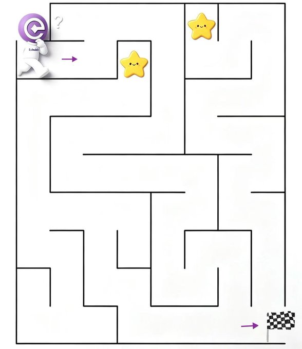 A simple maze illustration featuring a 3D white figure holding a purple circular token, with arrows indicating a path through the maze past yellow star icons to a checkered finish flag at the bottom right.