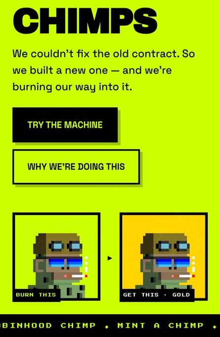 A yellow promotional graphic titled "CHIMPS" explains a token swap with text like "BURN THIS" and "GET THIS - GOLD" alongside pixel art chimp characters.