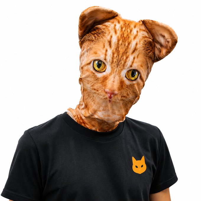 A person wearing a realistic orange tabby cat face mask and a black t-shirt featuring the orange cat logo of the MetaMask cryptocurrency wallet.