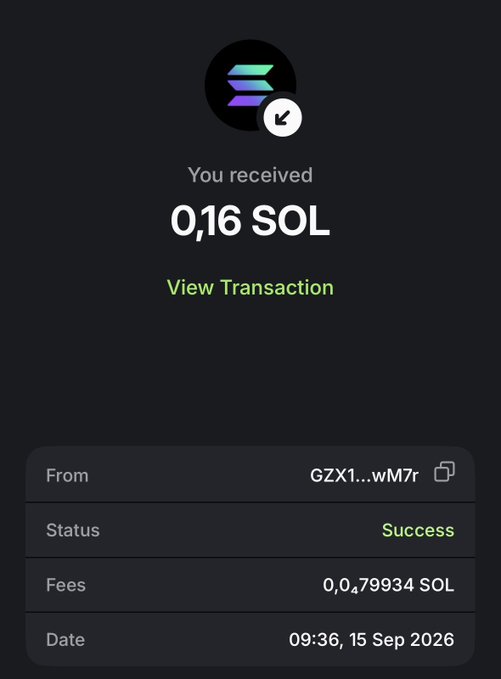 A digital wallet transaction confirmation screen displays "You received 0,16 SOL" from address "GZX1...wM7r" with a "Success" status and transaction fees of "0,0479934 SOL" dated "09:36, 15 Sep 2026".