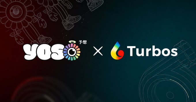The image showcases a collaboration announcement between "Yoso 予想" and "Turbos," featuring both logos centered against a dark teal background with subtle decorative graphics. This visual represents the partnership referenced in the post, promoting a dedicated reward pool for $TURBOS holders to engage in prediction markets on the Sui ecosystem.