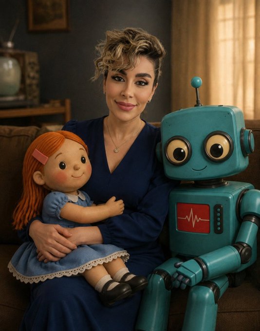 A woman sitting on a couch holding a red-haired doll in a blue dress, positioned next to a large teal vintage-style robot with big eyes.