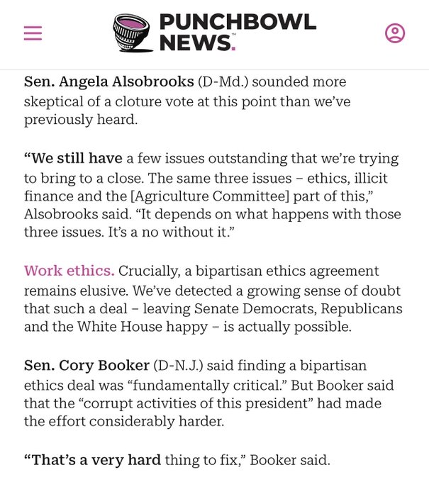 A Punchbowl News article features quotes from Senators Angela Alsobrooks (D-Md.) and Cory Booker (D-N.J.) discussing their skepticism about a cloture vote for the Clarity Act, citing unresolved issues around ethics, illicit finance, and the Agriculture Committee provisions, with Alsobrooks stating "It's a no without it."