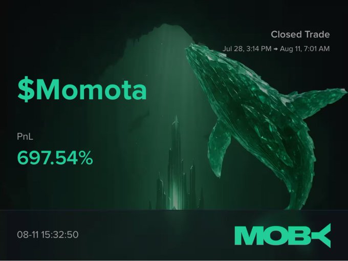 A promotional graphic from Moby celebrating a closed trade on the $Momota token with an impressive 697.54% profit gain, held from July 28 to August 11, featuring an underwater whale scene to match the "Where will trending take me next" tagline inviting others to join via the shared referral link.