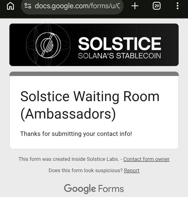 A screenshot of a Google Forms confirmation page for 'Solstice Waiting Room (Ambassadors)' thanking the user for submitting contact info, with the 'SOLSTICE - SOLANA'S STABLECOIN' banner displayed.