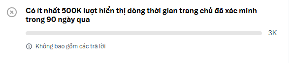 Vietnamese text saying at least 500K views were displayed at the same time on the home feed in the past 90 days, with 3K engagements.