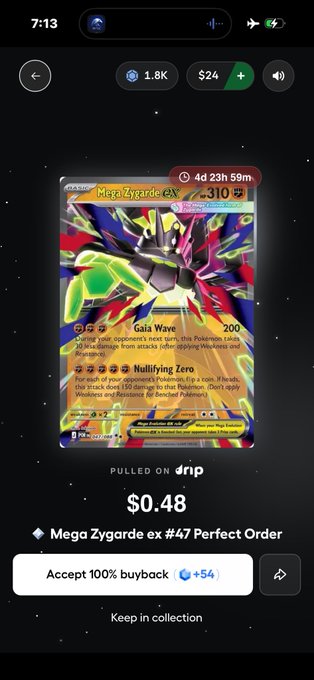 A screenshot from Drip Shop Live showing a freshly pulled Pokémon card, "Mega Zygarde ex #47 Perfect Order," with a 100% buyback offer of $0.48 visible at the bottom. The card's artwork features the shiny Mega Zygarde illustration, and the post invites users to sign up via a referral link for a free pack.