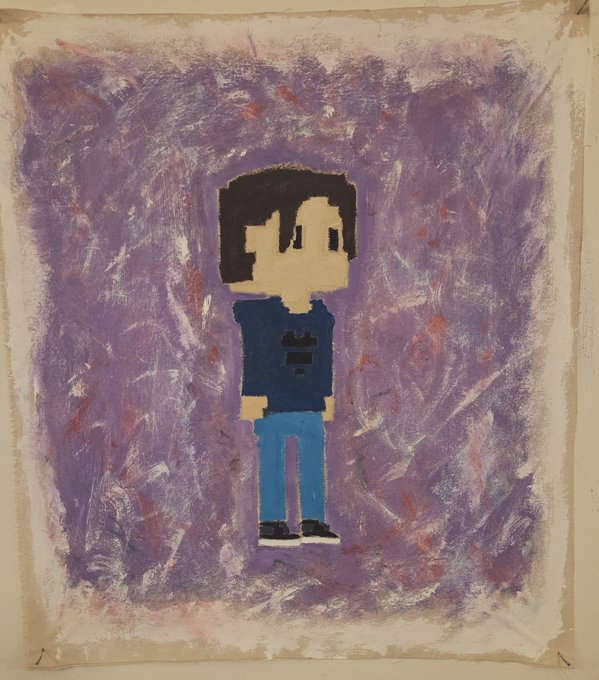 A painted portrait features a cartoonish figure with dark hair, wearing a dark blue shirt and blue jeans, set against a textured purple and pink background.