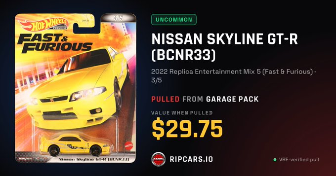 a hot wheels fast & furious nissan skyline gt-r (bcnr33) collectible car card from 2022 replica entertainment mix 5, pulled from garage pack with a value of $29.75 from ripcars.io