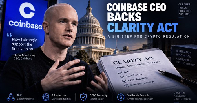 A promotional graphic features Coinbase CEO Brian Armstrong with the headline 'COINBASE CEO BACKS CLARITY ACT - A BIG STEP FOR CRYPTO REGULATION', including a quote supporting the final version and listing DeFi, Tokenization, CFTC Authority, and Stablecoin Rewards.
