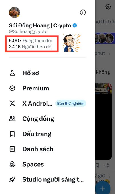 A social media profile screenshot in Vietnamese for 'Sói Đông Hoang | Crypto (@Soihoang_crypto)' showing 5,007 following and 3,216 followers highlighted in a red box.