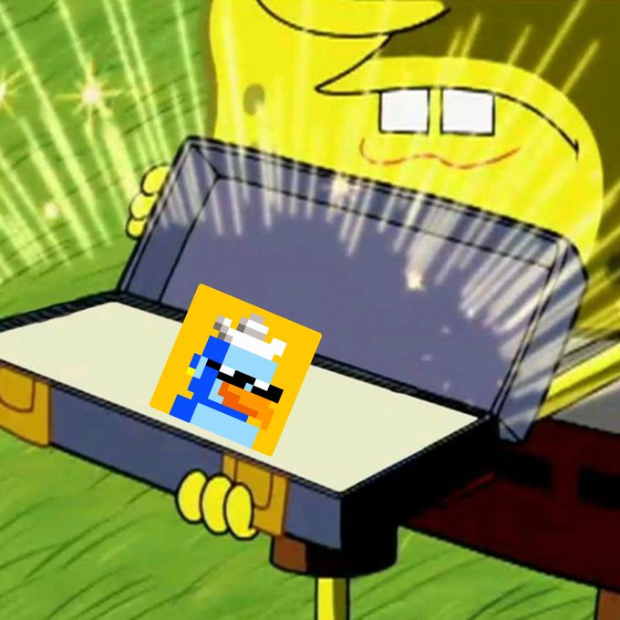 A cartoon scene showing a yellow sponge character holding an open briefcase that reveals a pixelated blue duck character inside.