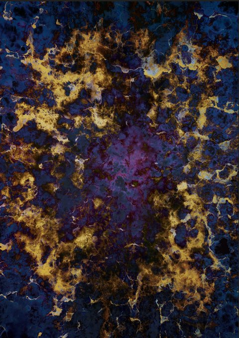 An abstract painting or digital artwork featuring textured patterns of deep blue, gold, and purple with a central magenta area, resembling a cosmic or marbled surface.
