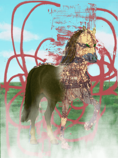 A digital artwork featuring a horse standing in a grassy field under a blue sky, with red graffiti-like swirls and scribbles overlaid on the image.