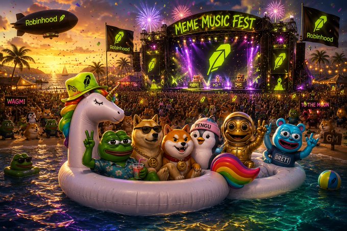 A vibrant, stylized illustration depicts the 'Meme Music Fest' sponsored by Robinhood, featuring various mascot characters like Doge, Pepe, and Brett relaxing in a unicorn pool float while a massive crowd attends the concert.