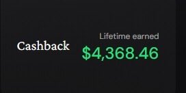 A simple dashboard screenshot displaying 'Lifetime earned Cashback' of $4,368.46 in green text on a dark background.