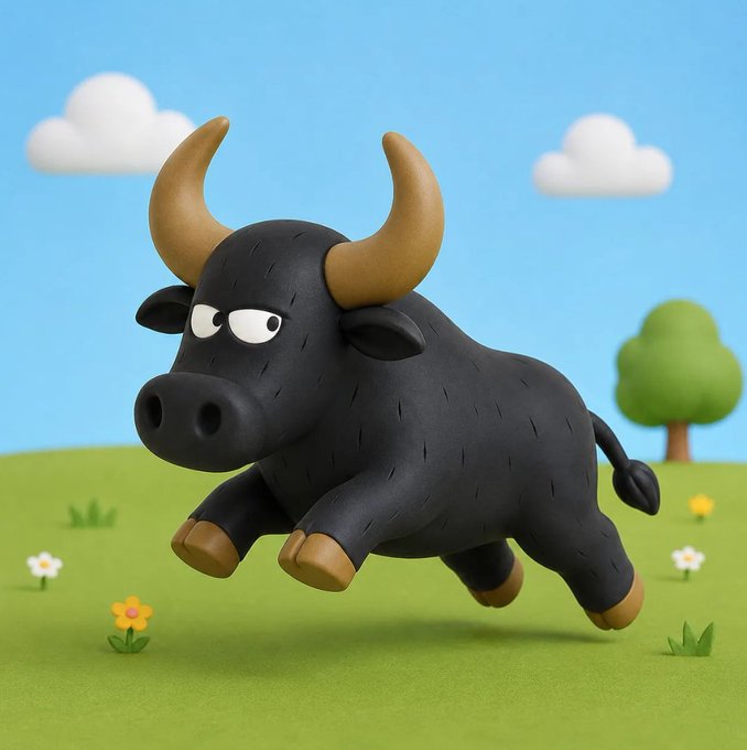 3D clay-style illustration of a black bull with an angry expression running across a green grassy field with clouds and trees in the background.