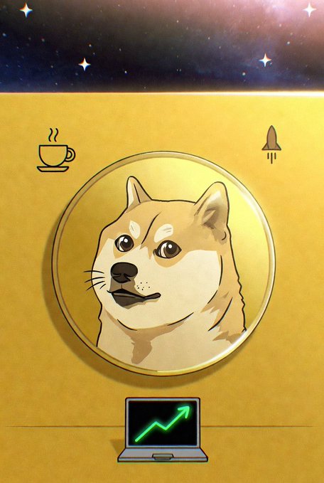 Digital illustration of a Dogecoin-style Shiba Inu dog face inside a gold coin, set against a starry space background with icons of a coffee cup and rocket, and a laptop displaying a green upward chart below.