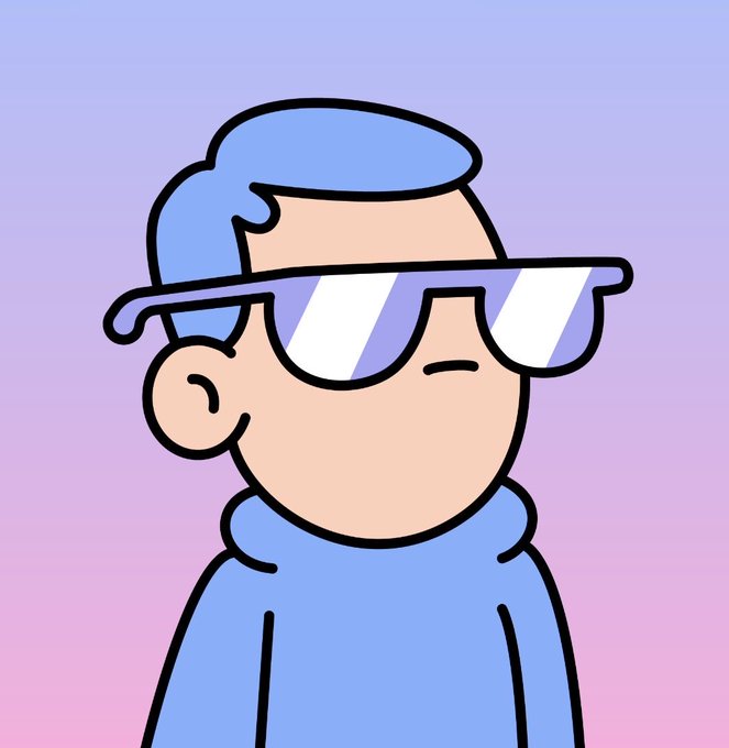 A cartoon illustration of a person with blue hair, wearing white sunglasses and a blue hoodie, against a pink and purple gradient background.
