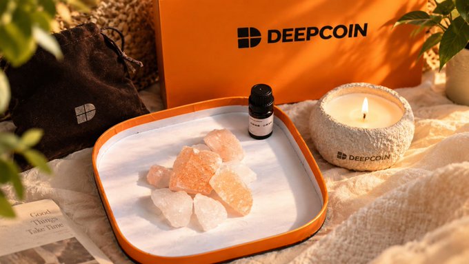 A cozy flat-lay featuring an orange tray holding orange and white crystalline stones, a small bottle, and a lit candle in a 'DEEPCOIN' branded stone holder, with a 'DEEPCOIN' bag in the background and a card reading 'Good Things Take Time'.