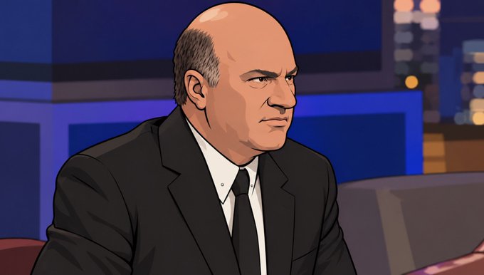 A digital, comic-style illustration of a bald man in a black suit and tie sitting in what appears to be a television studio with blue panels.