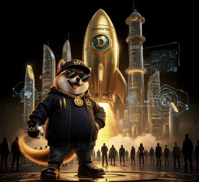 A cartoon Shiba Inu mascot wearing sunglasses, a gold 'D' chain, and a hoodie stands in front of a gold rocket labeled 'DOINKSTER' with a futuristic city skyline in the background.