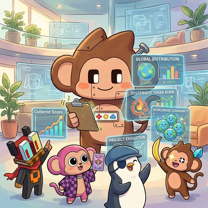 A cartoon monkey character holding a clipboard is surrounded by floating holographic data panels displaying 'Global Distribution,' 'Systematic Token Burn,' 'Worldwide Community,' 'Collector Score,' and 'Project Evolution,' alongside other smaller cartoon animal characters.