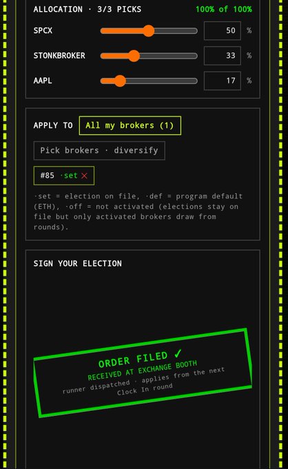 The image shows an allocation interface for an ETH staker dashboard with an order filed stamp for ticker selections of 50% SPX, 33% $STONKBROKER, and 17% AAPL set to apply to broker "#85". The "Order Filed ✓" confirmation stamp at the bottom relates to the post by showing a successful election where stakers can pick their RWA allocations—including $STONKBROKER—and have it received at the exchange booth in the next "Clock In" round.